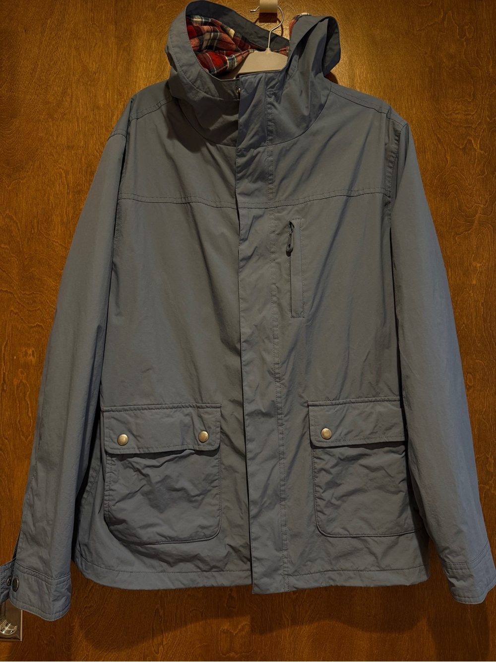 Marine Layer Men's Hooded Utility Rain Jacket slate blue, plaid lined size L